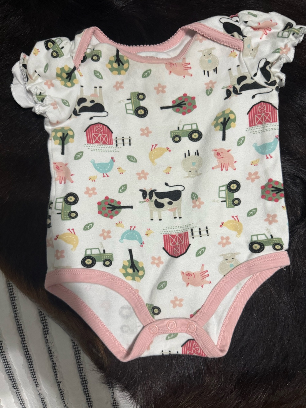John Deere White Baby One-Piece Bodysuit with Pink Trim and Farm Print